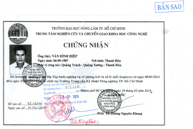 Chứng nhận diệt mối, chứng chỉ phòng chống mối